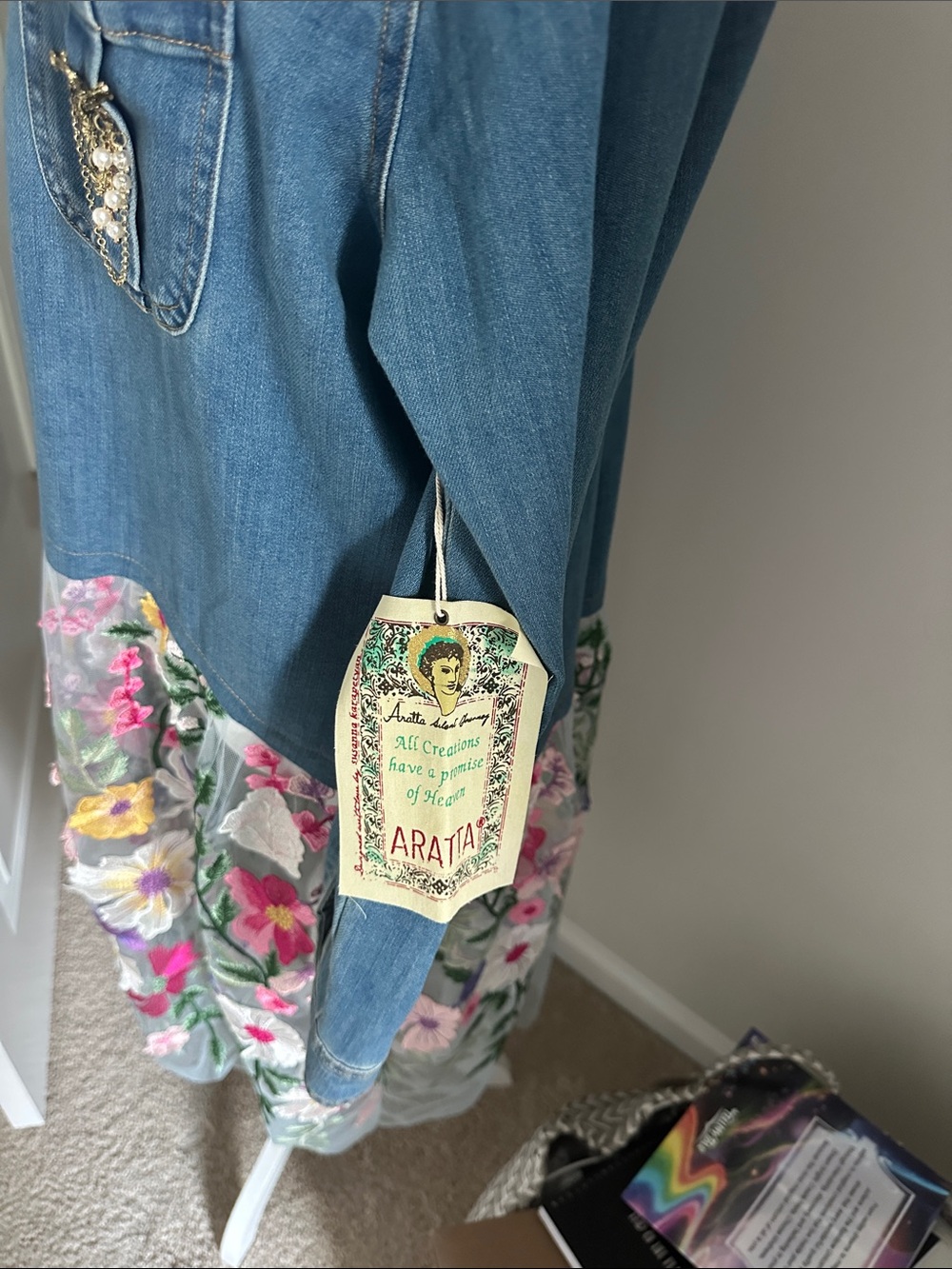 Aratta Blue Denim Jacket with Multicolor Floral Embroidery - Picture 2 of 12